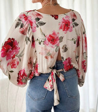 Load image into Gallery viewer, Rose Floral 3/4 Sleeve Lace-up Back Blouse
