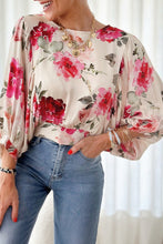 Load image into Gallery viewer, Rose Floral 3/4 Sleeve Lace-up Back Blouse
