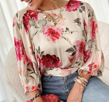 Load image into Gallery viewer, Rose Floral 3/4 Sleeve Lace-up Back Blouse
