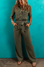 Load image into Gallery viewer, Moss Green Half Button Belted Utility Short Sleeve Jumpsuit
