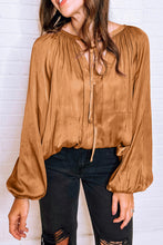 Load image into Gallery viewer, Camel Satin Pleated Tied V Neck Puff Sleeve Blouse
