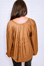 Load image into Gallery viewer, Camel Satin Pleated Tied V Neck Puff Sleeve Blouse
