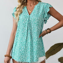 Load image into Gallery viewer, Notched V Neck Leopard Ruffle Short Sleeve Blouse
