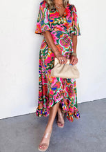 Load image into Gallery viewer, V Neck Ruffled Asymmetric Slit Wide Short Sleeve Maxi Dress

