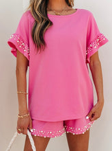 Load image into Gallery viewer, Textured Pearled Ruffle Sleeve Top 2 Piece Shorts Set
