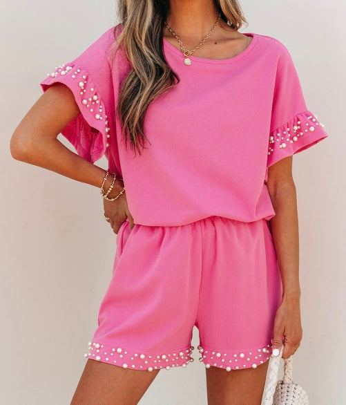 Textured Pearled Ruffle Sleeve Top 2 Piece Shorts Set
