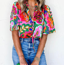 Load image into Gallery viewer, Print Lace up V Neck Short Sleeve Blouse
