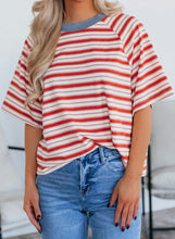 Load image into Gallery viewer, Stripe Print Contrast Collar Raglan Sleeve T Shirt
