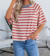 Load image into Gallery viewer, Stripe Print Contrast Collar Raglan Sleeve T Shirt
