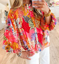 Load image into Gallery viewer, Abstract Floral Print Buttoned Ruffled Bubble Sleeve Shirt
