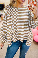 Load image into Gallery viewer, Checkerboard Striped Patchwork Lantern Sleeve Blouse
