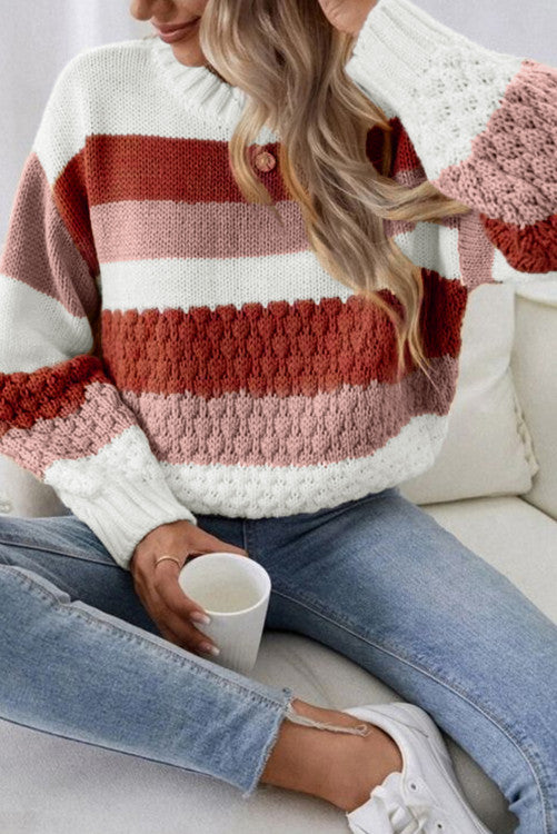 Stripe Cable Knit Drop Shoulder Sweater