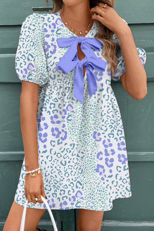 Leopard Contrast Bow Puff Sleeve Mini Dress