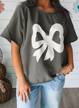 Load image into Gallery viewer, Grey Lace Bow Raw Edge Drop Shoulder Casual T Shirt
