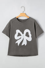 Load image into Gallery viewer, Grey Lace Bow Raw Edge Drop Shoulder Casual T Shirt
