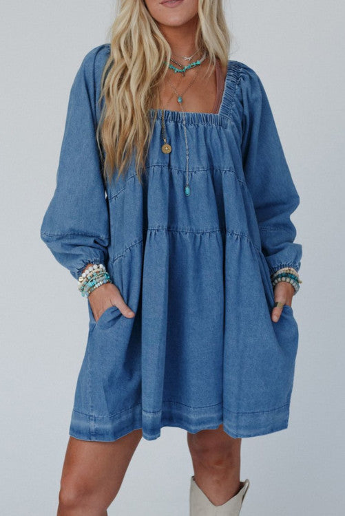 Square Neck Side Pockets Loose Fit Denim Mini Dress