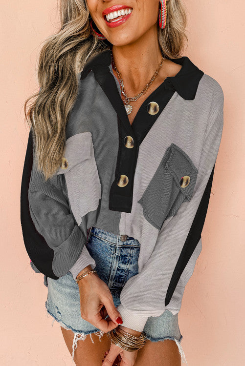 Colorblock Ribbed Collared Oversized Sweatshirt