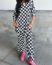 Load image into Gallery viewer, Checkered Print Half Sleeve Tunic Top and Flared Pants Set
