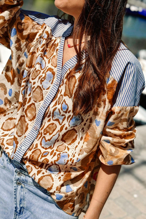 Beige Colorful Leopard Striped Print Patchwork V Neck Shirt