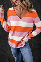 Load image into Gallery viewer, Stripe Colorblock V Neck Casual Sweater
