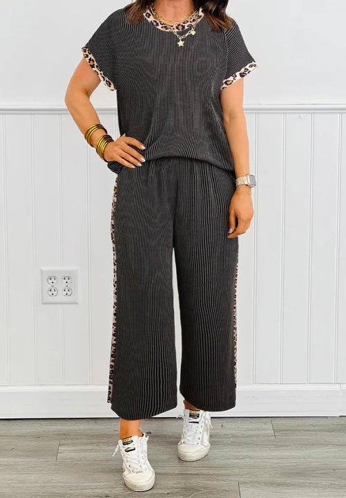 Leopard Patchwork Edge Twisted Rib T Shirt and Cropped Pants Set