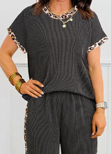 Load image into Gallery viewer, Leopard Patchwork Edge Twisted Rib T Shirt and Cropped Pants Set
