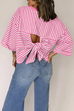 Load image into Gallery viewer, Stripe Bowknot Cutout Back Drop Shoulder Wide Bracelet Sleeve Loose Tee
