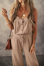 Load image into Gallery viewer, Khaki Knotted Straps Button Textured Drawstring Jumpsuit
