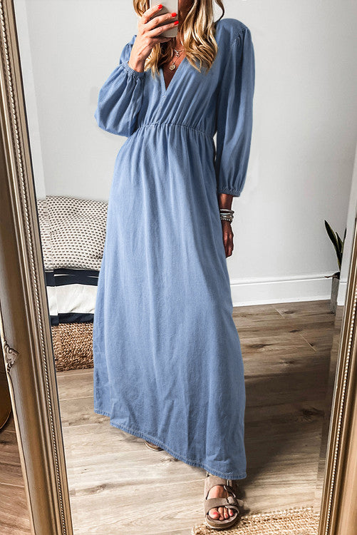 Chambray V Neck Bracelet Sleeve Maxi Dress