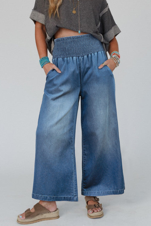 Blue Smocked Waist Wide Leg Jeans