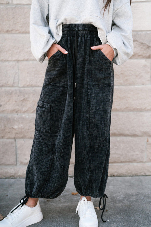 Mineral Wash Textured Drawstring Wide Leg Pants