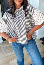 Load image into Gallery viewer, Stripe Floral Puff Sleeve Patchwork Round Neck Loose Top
