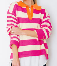 Load image into Gallery viewer, Rose Stripe Color Block Collared V Neck Drop Shoulder Sweater
