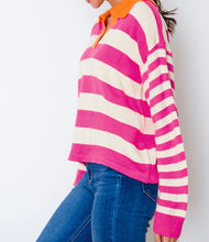 Load image into Gallery viewer, Rose Stripe Color Block Collared V Neck Drop Shoulder Sweater
