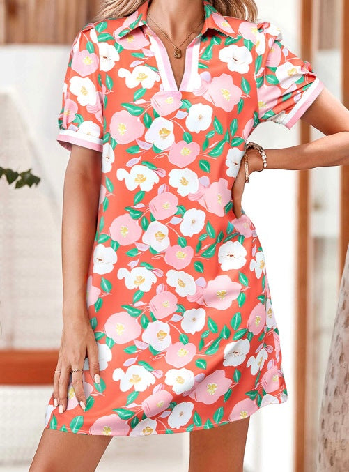 Floral Print Contrast Striped Trim Polo Collar T Shirt Dress