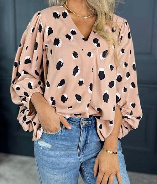 Classic Leopard V Neck Bracelet Sleeve Blouse