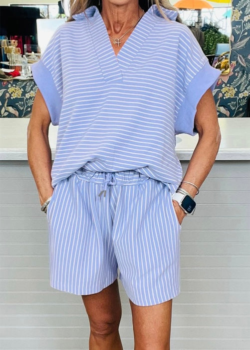 Striped Dolman Sleeve Polo Shirt and Drawstring Shorts Set