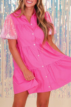 Load image into Gallery viewer, Sequined Bubble Sleeve Tiered Ruffled Shirt Dress
