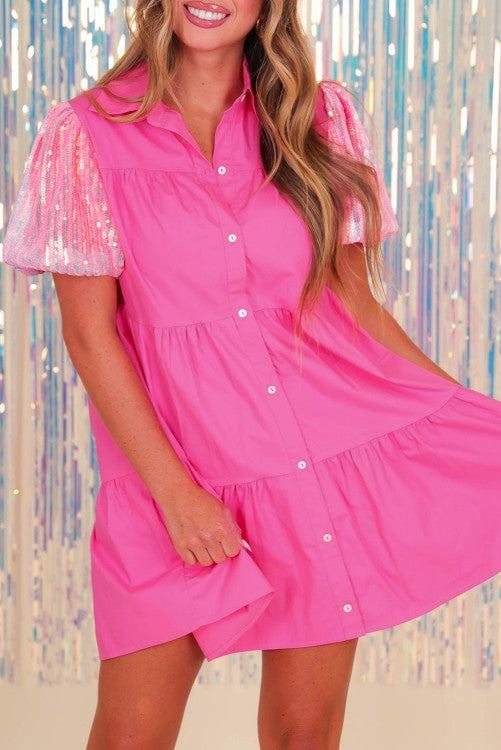 Sequined Bubble Sleeve Tiered Ruffled Shirt Dress