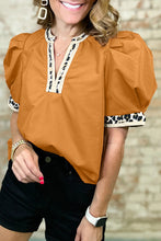 Load image into Gallery viewer, Contrast Leopard Trim Split Neck Puff Sleeve Blouse
