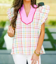 Load image into Gallery viewer, Plaid Flutter Sleeve Colorblock Ric Rac Split V Neck Blouse
