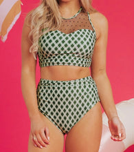 Load image into Gallery viewer, Dotted Mesh Plaid Patchwork High Waisted Bikini
