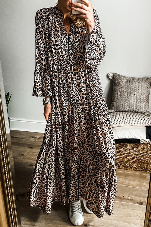 Leopard Print Tiered Wide Sleeve Maxi Dress