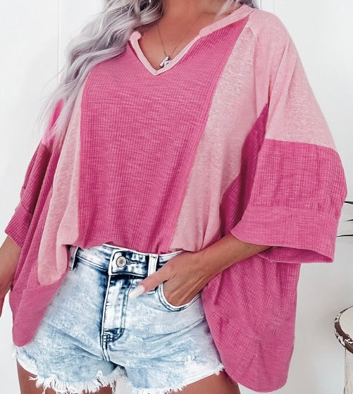 Textured Colorblock 3/4 Sleeve Oversize Top