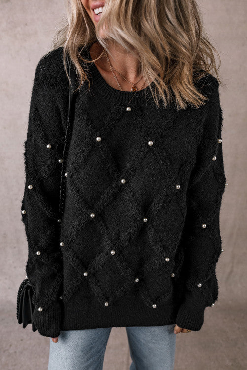 Pearl Embellished Rhombus Pattern Sweater