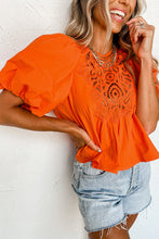 Load image into Gallery viewer, Orange Hollowed Lace Splicing Puff Sleeve Blouse
