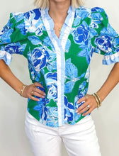 Load image into Gallery viewer, Green Floral Frilled V Neck Short Sleeve Blouse Top

