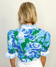 Load image into Gallery viewer, Green Floral Frilled V Neck Short Sleeve Blouse Top
