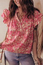 Load image into Gallery viewer, Rose Allover Printed Half Button Neck Ruffle Sleeve Blouse
