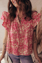 Load image into Gallery viewer, Rose Allover Printed Half Button Neck Ruffle Sleeve Blouse
